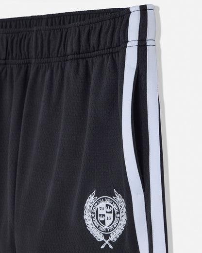 Black shorts with a white stripe and emblem on a white background#color_black