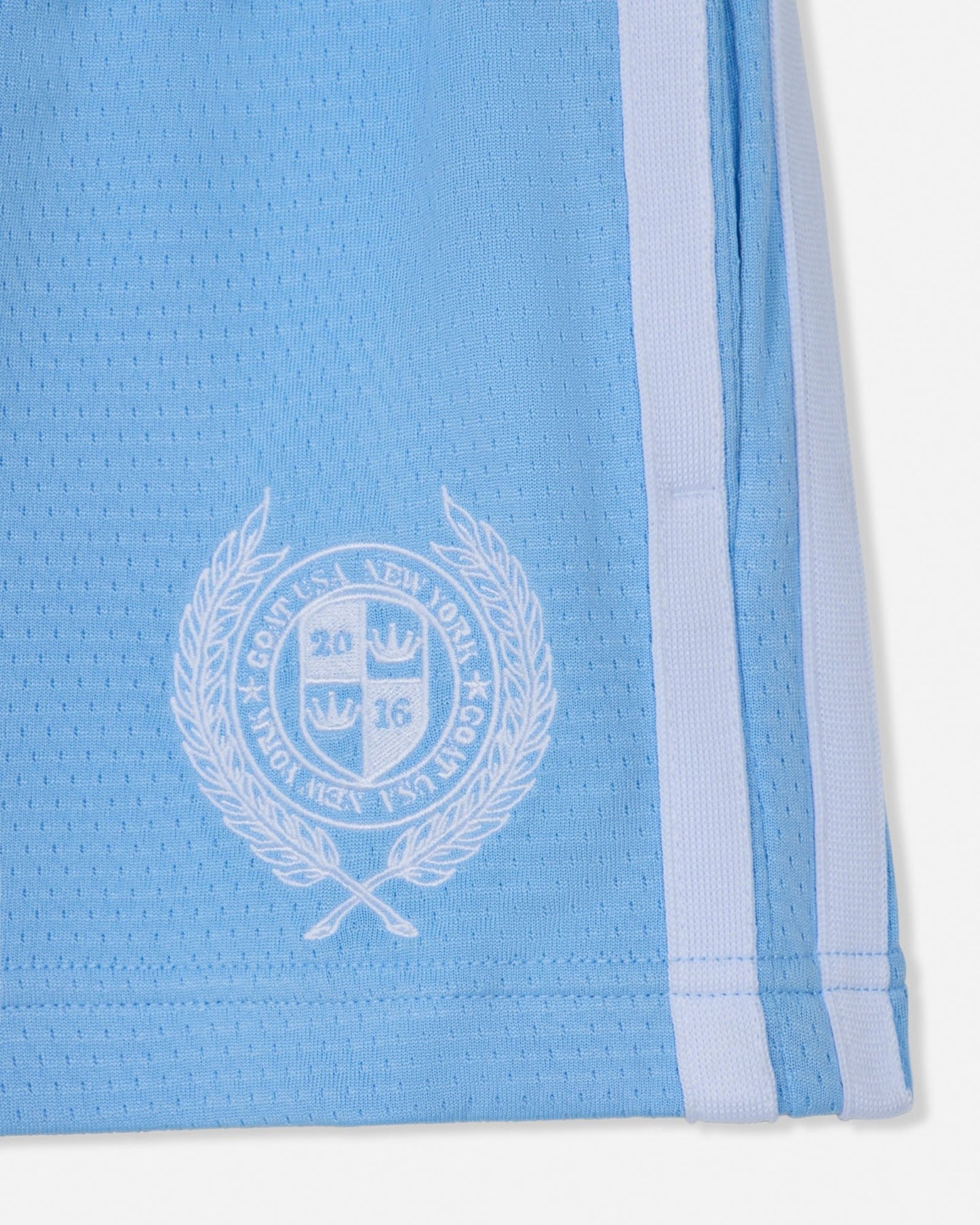 Light blue athletic shorts with a white emblem and stripe on a white background#color_carolina-blue
