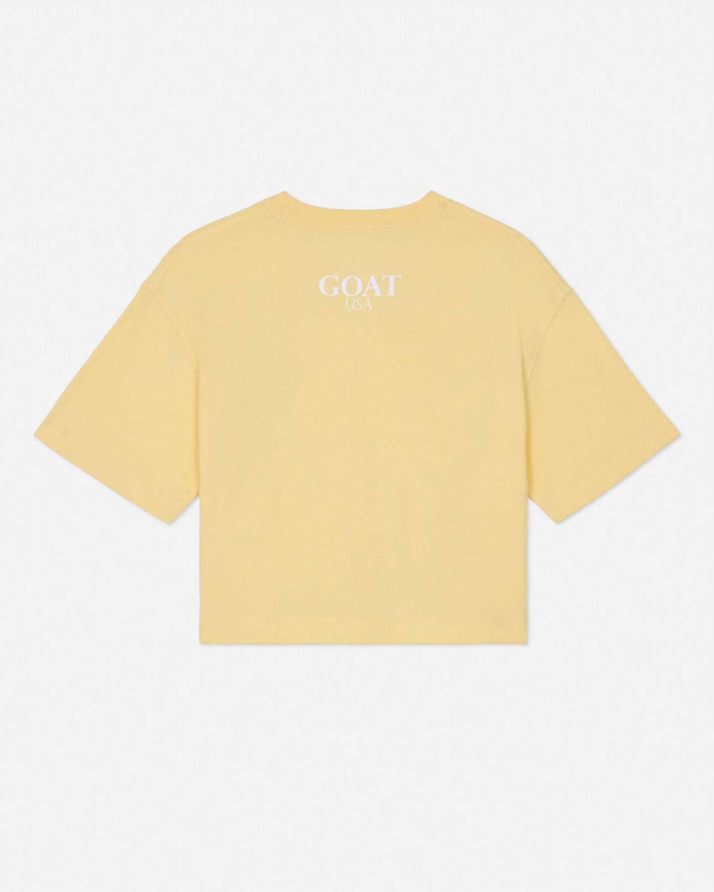 Yellow t-shirt with 'GOAT' text on the back against a white background#color_corn-milk