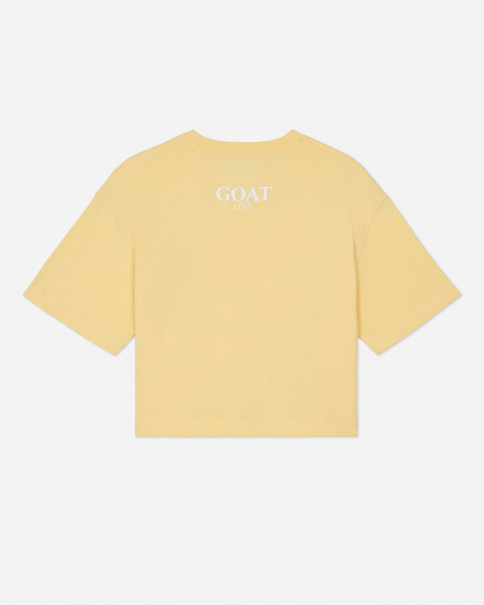 Yellow t-shirt with 'GOAT' text on the back against a white background#color_corn-milk