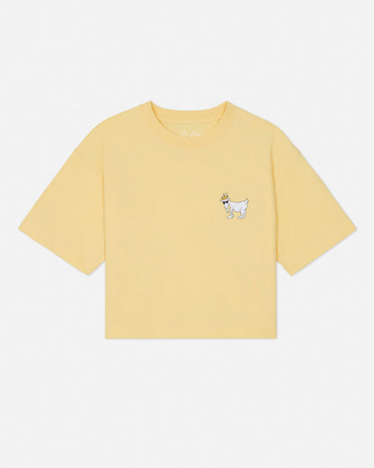 Yellow t-shirt with a small graphic on a light gray background#color_corn-milk