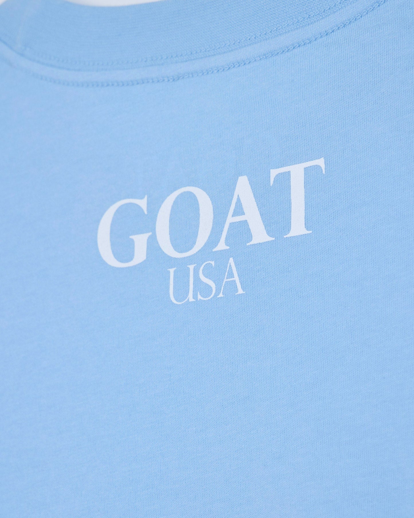 Close up of back of carolina blue oversized crop top with 'GOAT USA' text#color_carolina-blue