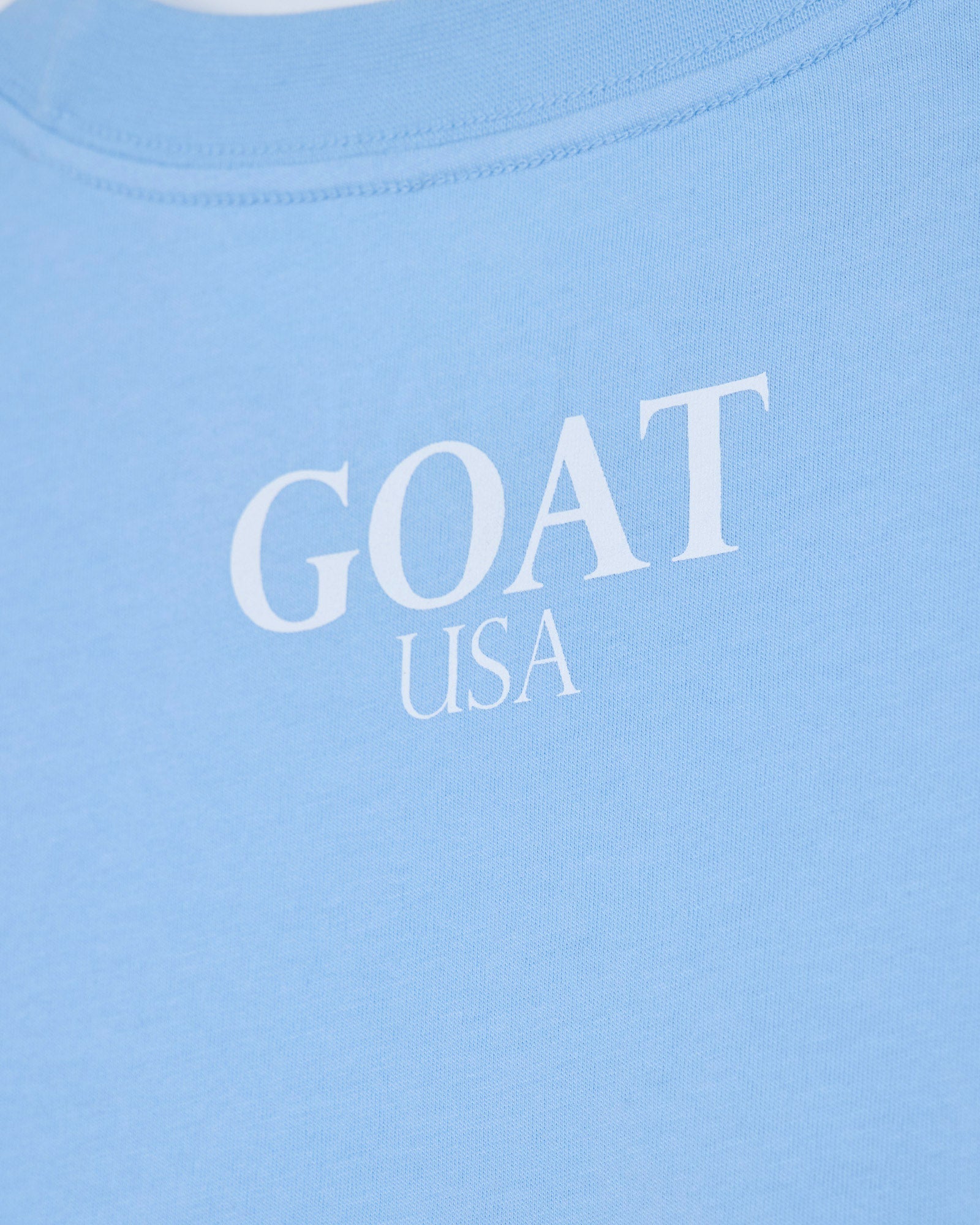 Close up of back of carolina blue oversized crop top with 'GOAT USA' text#color_carolina-blue