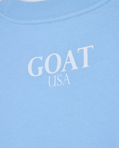 Close up of back of carolina blue oversized crop top with 'GOAT USA' text#color_carolina-blue