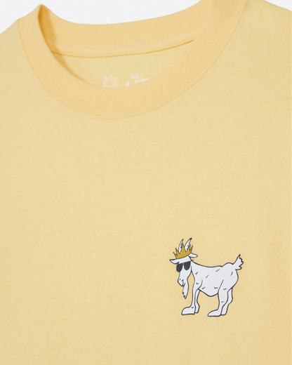 Yellow t-shirt with a cartoon goat wearing a crown on a white background#color_corn-milk