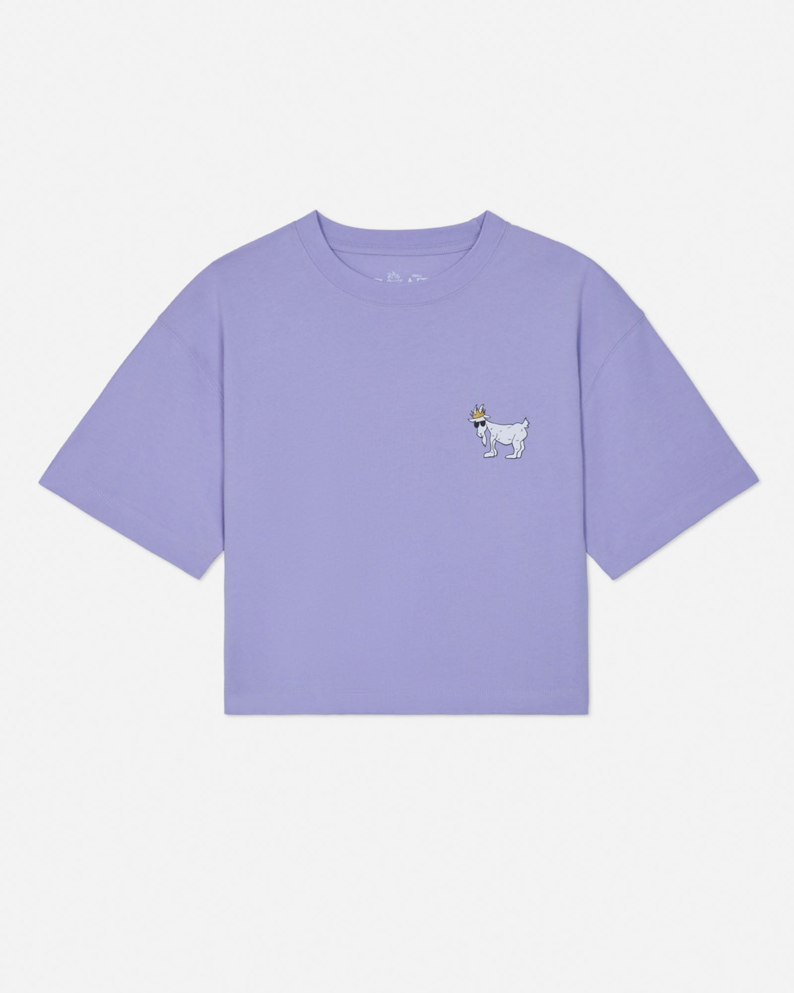 Purple t-shirt with a small white graphic on a light gray background#color_periwinkle