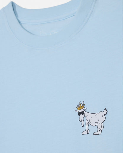 Light blue t-shirt with a cartoon goat wearing a crown and sunglasses on a white background#color_delicate-blue
