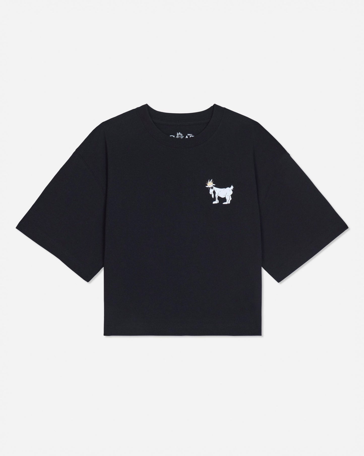 Black oversized crop top with white goat design#color_black