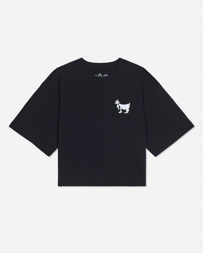 Black oversized crop top with white goat design#color_black