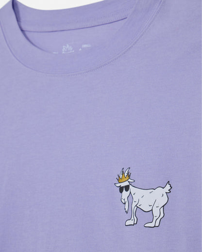Purple t-shirt with a cartoon goat wearing a crown and sunglasses on the chest.#color_periwinkle