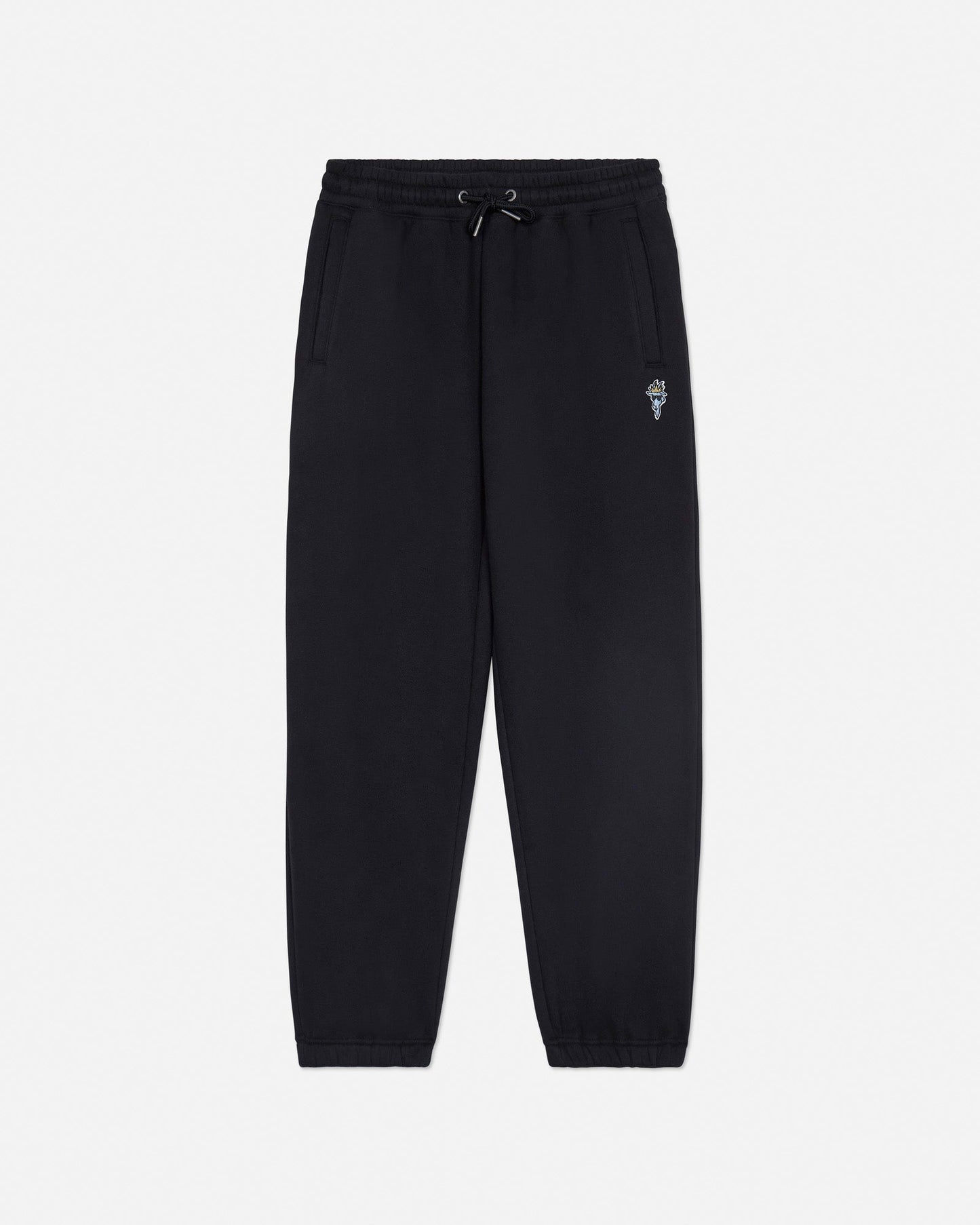 Black sweatpants with a small white logo on a light gray background#color_black