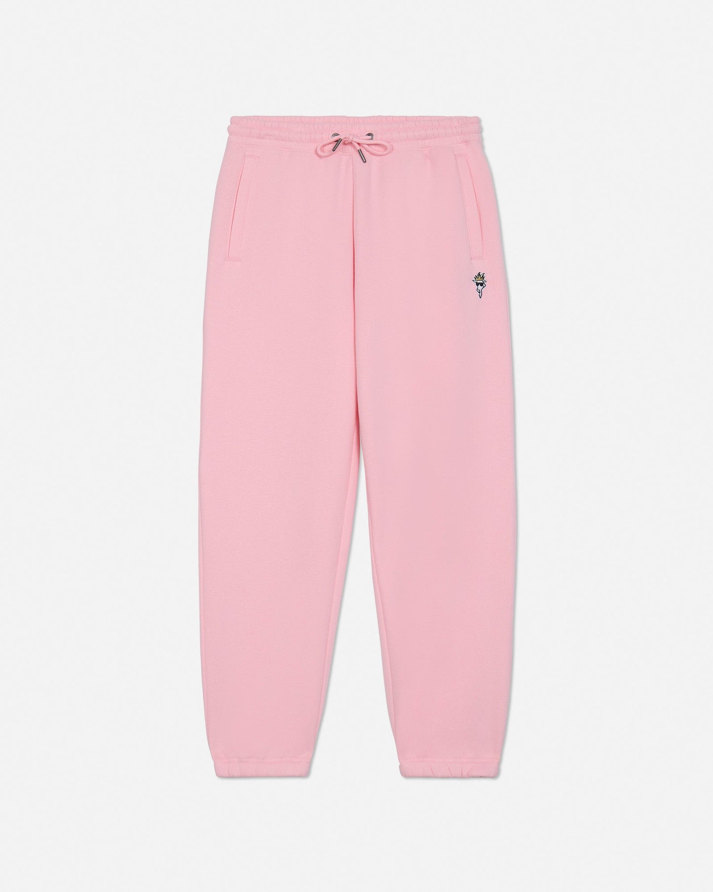 Pink sweatpants with a small logo on a light gray background#color_pink