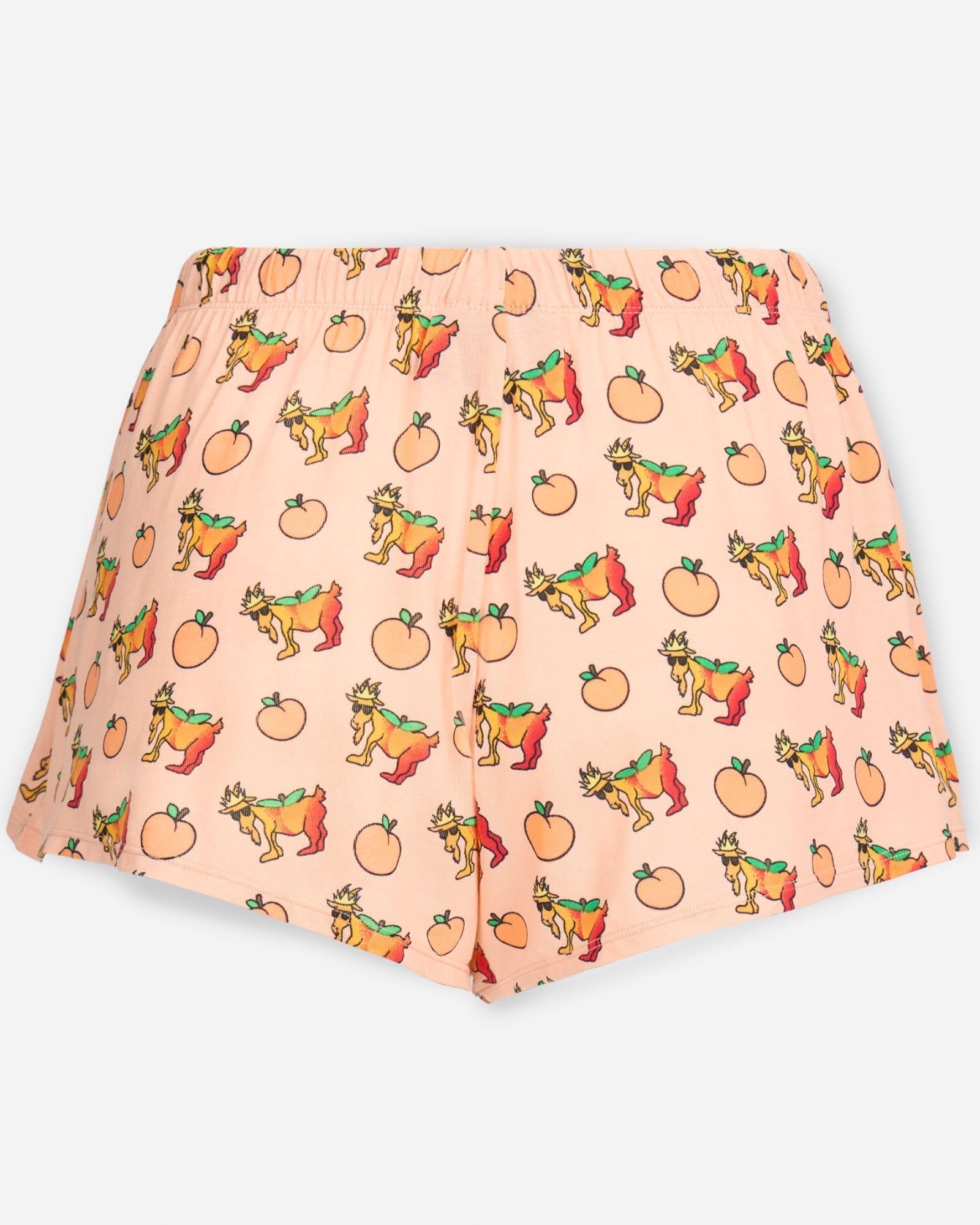 Back of peach cream shorts with peaches and peach goats print