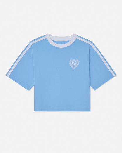 Light blue t-shirt with white stripes on sleeves and collar against a light gray background#color_carolina-blue