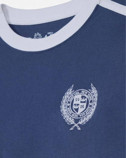 Navy blue t-shirt with a white emblem and text on a white background#color_navy