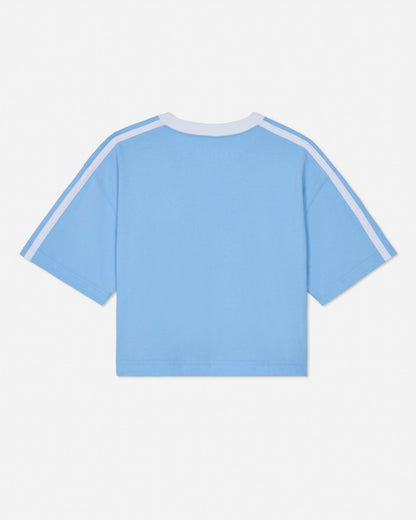 Light blue t-shirt with white stripes on sleeves against a light gray background#color_carolina-blue