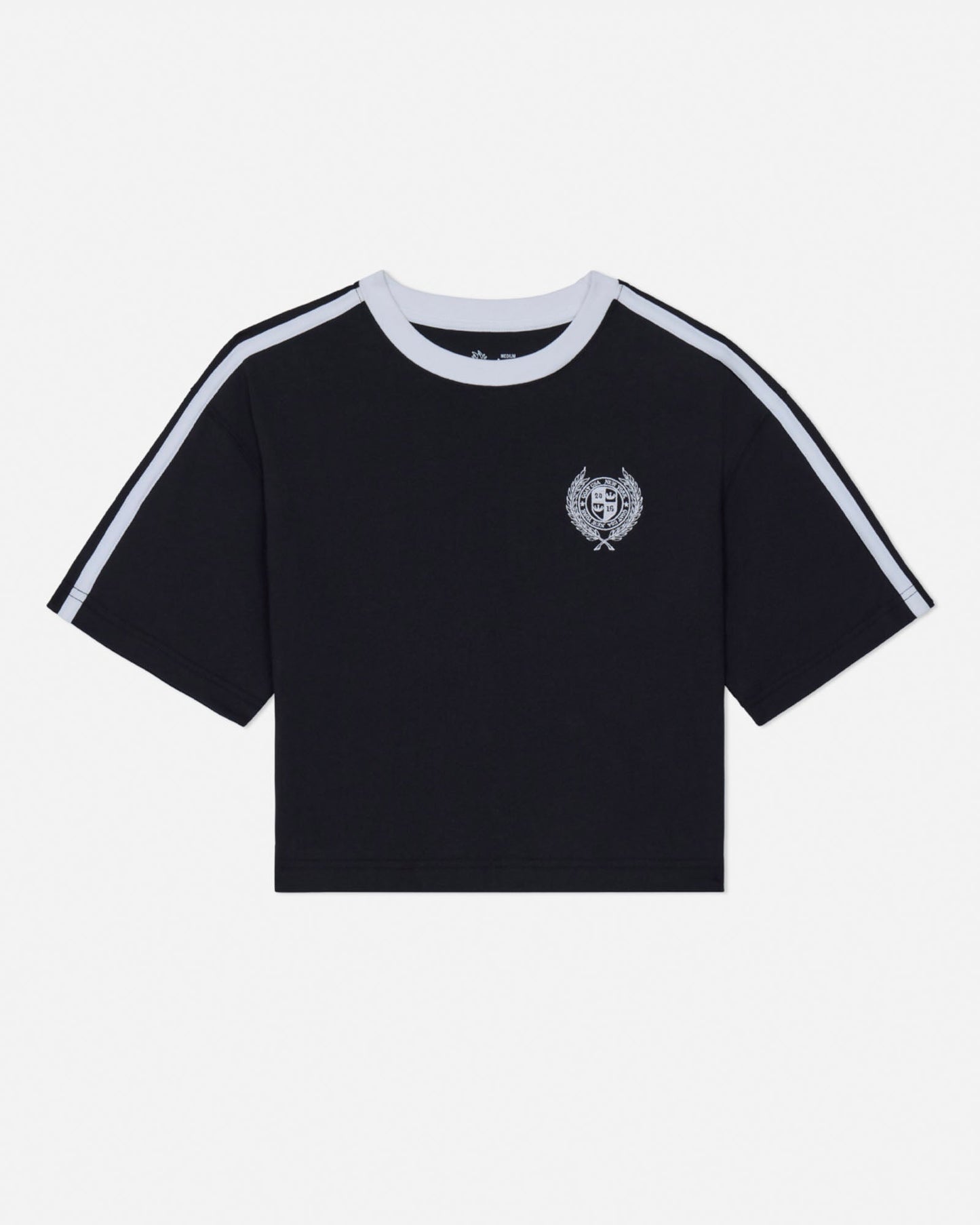 Black t-shirt with white stripes on sleeves and a logo on a white background#color_black