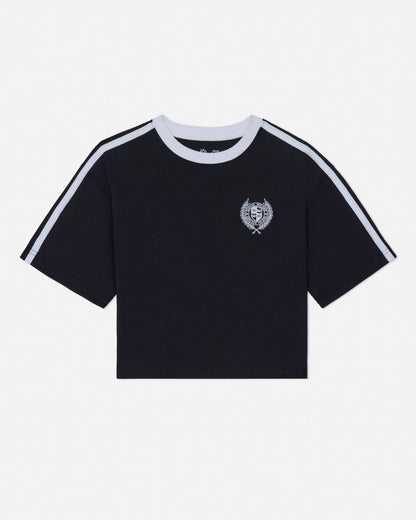 Black t-shirt with white stripes on sleeves and a logo on a white background#color_black