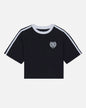 Black t-shirt with white stripes on sleeves and a logo on a white background#color_black