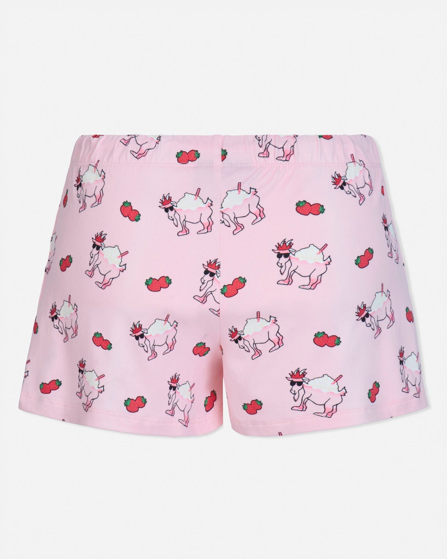 Pink shorts with goat and strawberry pattern on a white background