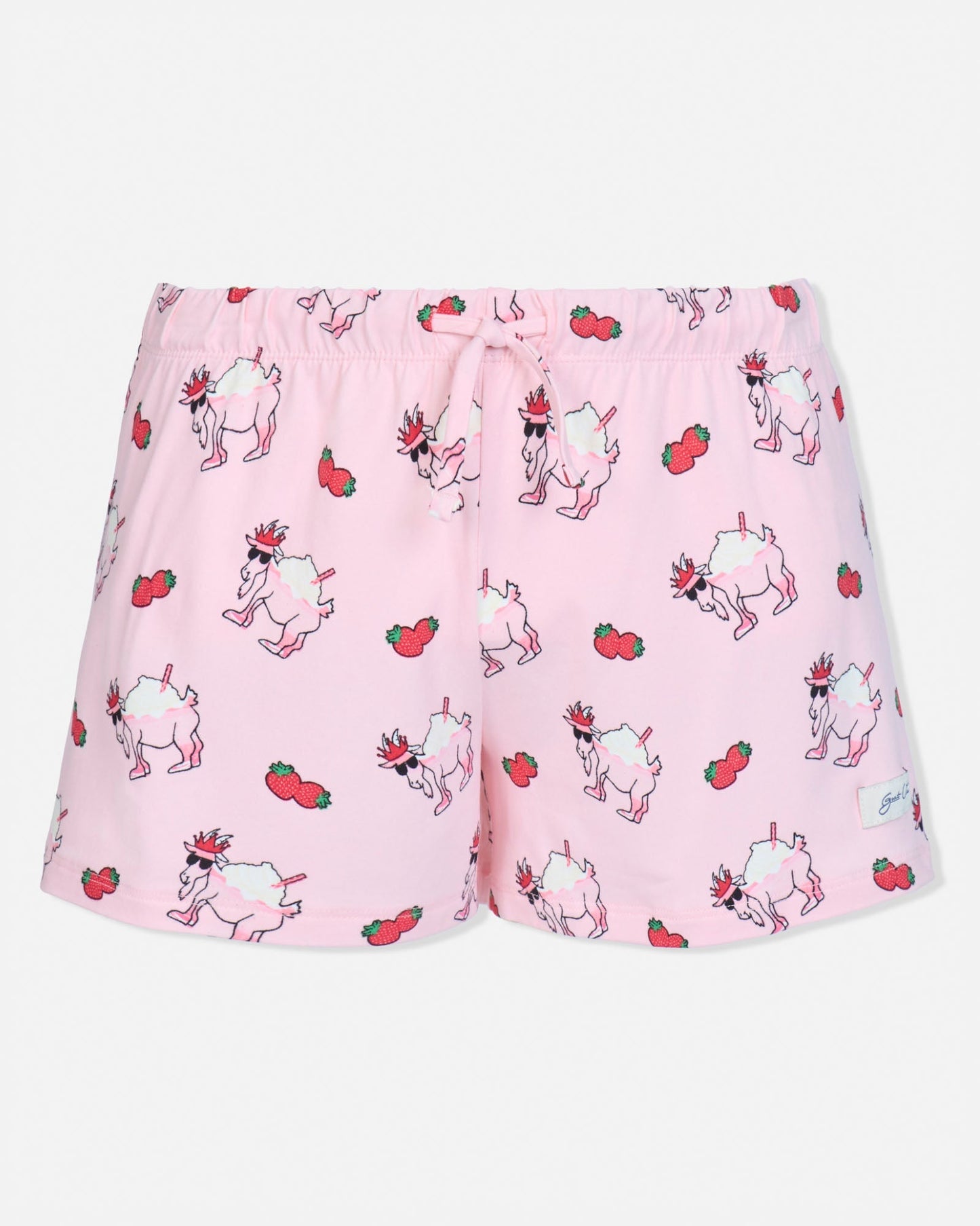 Pink shorts with cartoon character and strawberry pattern on a white background