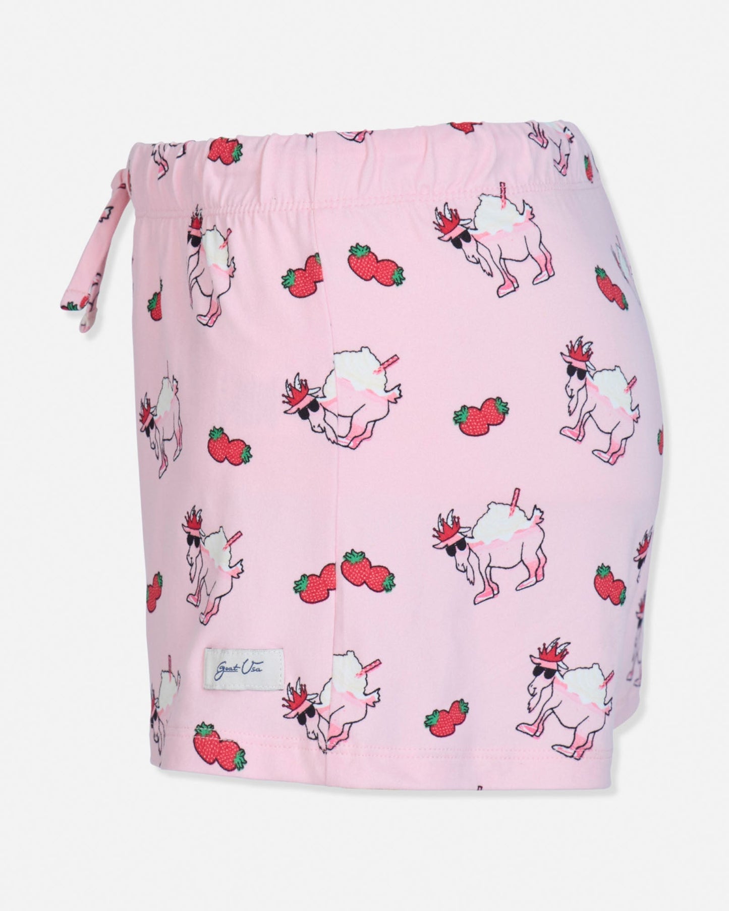 Pink drawstring bag with cartoon designs of goats and strawberries on a white background