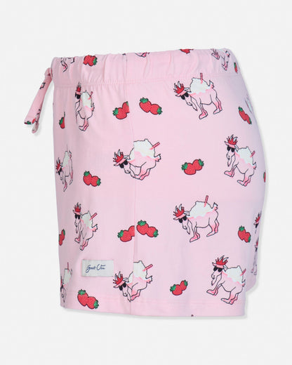 Pink drawstring bag with cartoon designs of goats and strawberries on a white background