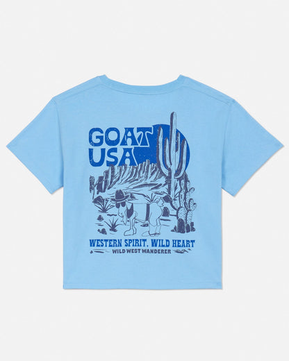 Back of carolina blue crop top with wild west graphic