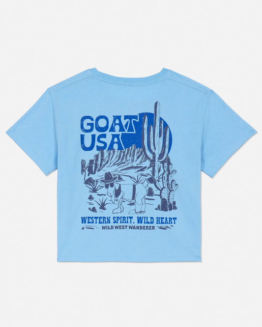 Back of carolina blue crop top with wild west graphic