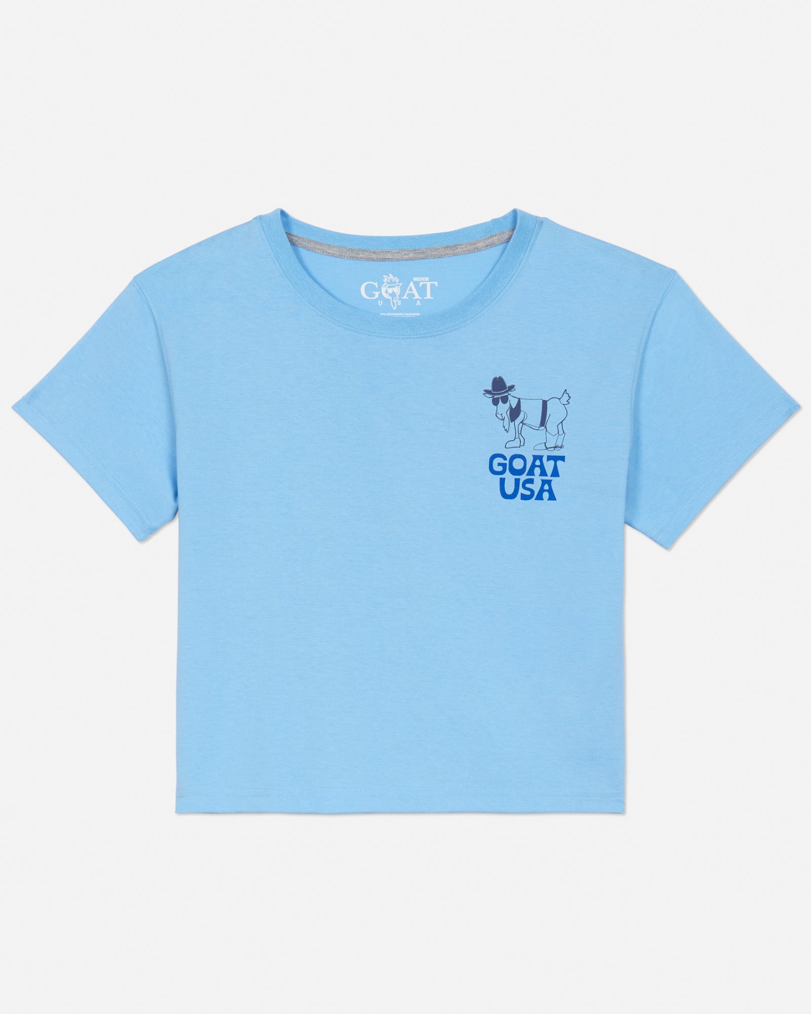 Front of carolina blue crop top with wild west left-chest logo