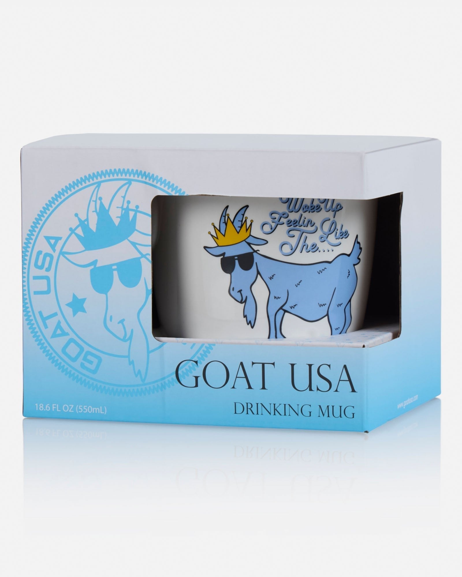 GOAT USA drinking mug in packaging with blue and white design