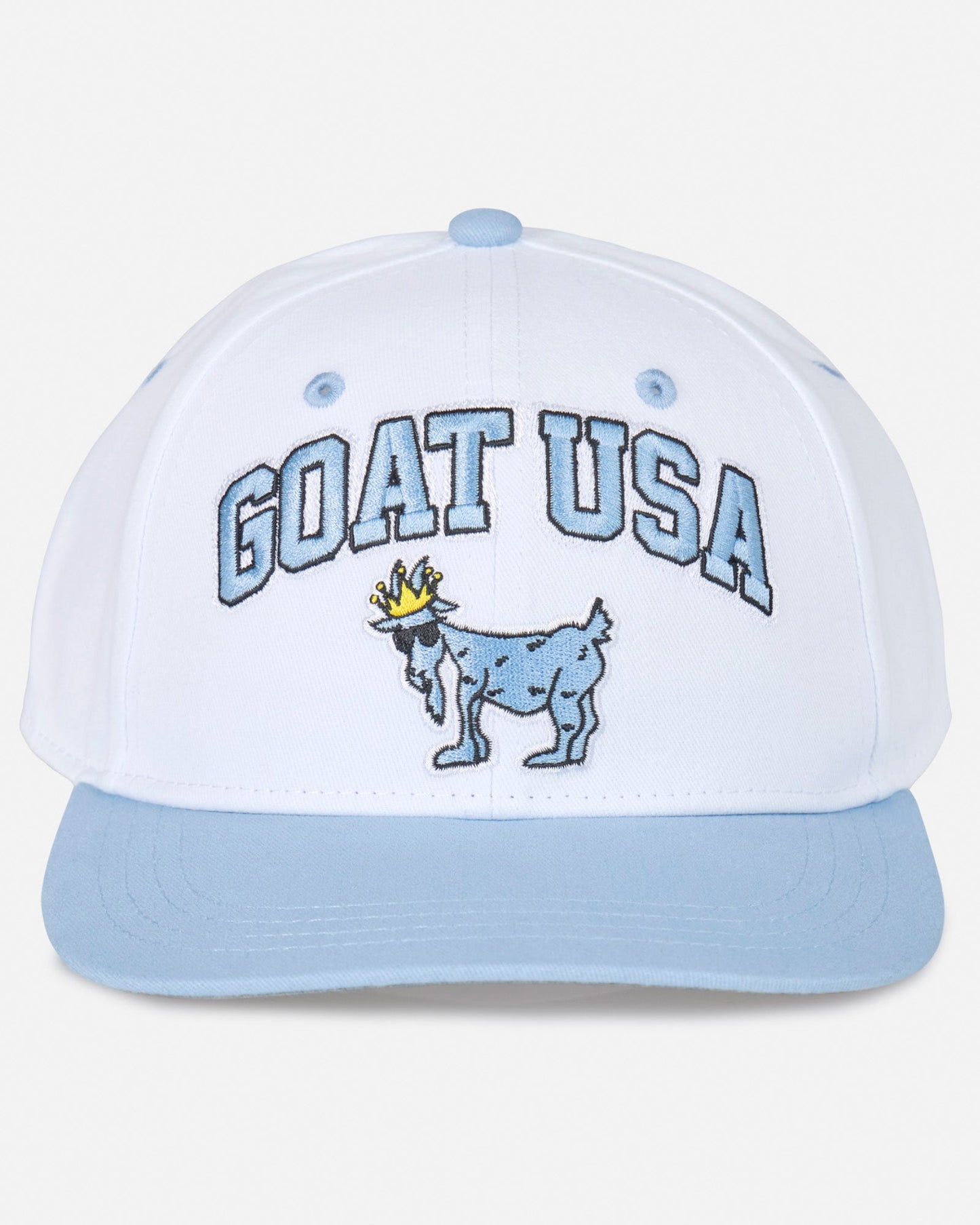 Head-on shot of white flat brim with "GOAT USA" text and Chuck the GOAT