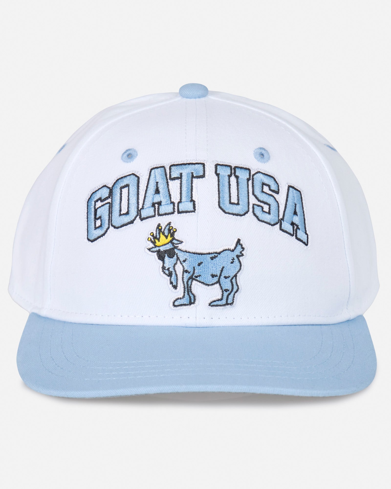Head-on shot of white flat brim with "GOAT USA" text and Chuck the GOAT