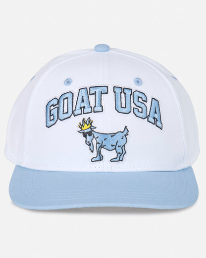 Head-on shot of white flat brim with "GOAT USA" text and Chuck the GOAT