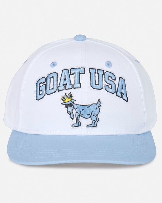 Head-on shot of white flat brim with "GOAT USA" text and Chuck the GOAT