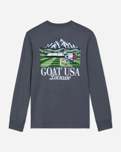 Gray long-sleeve shirt with lacrosse graphic and 'GOAT USA Lacrosse' text on a light gray background