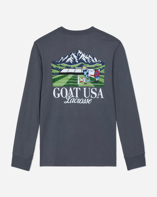 Gray long-sleeve shirt with lacrosse graphic and 'GOAT USA Lacrosse' text on a light gray background