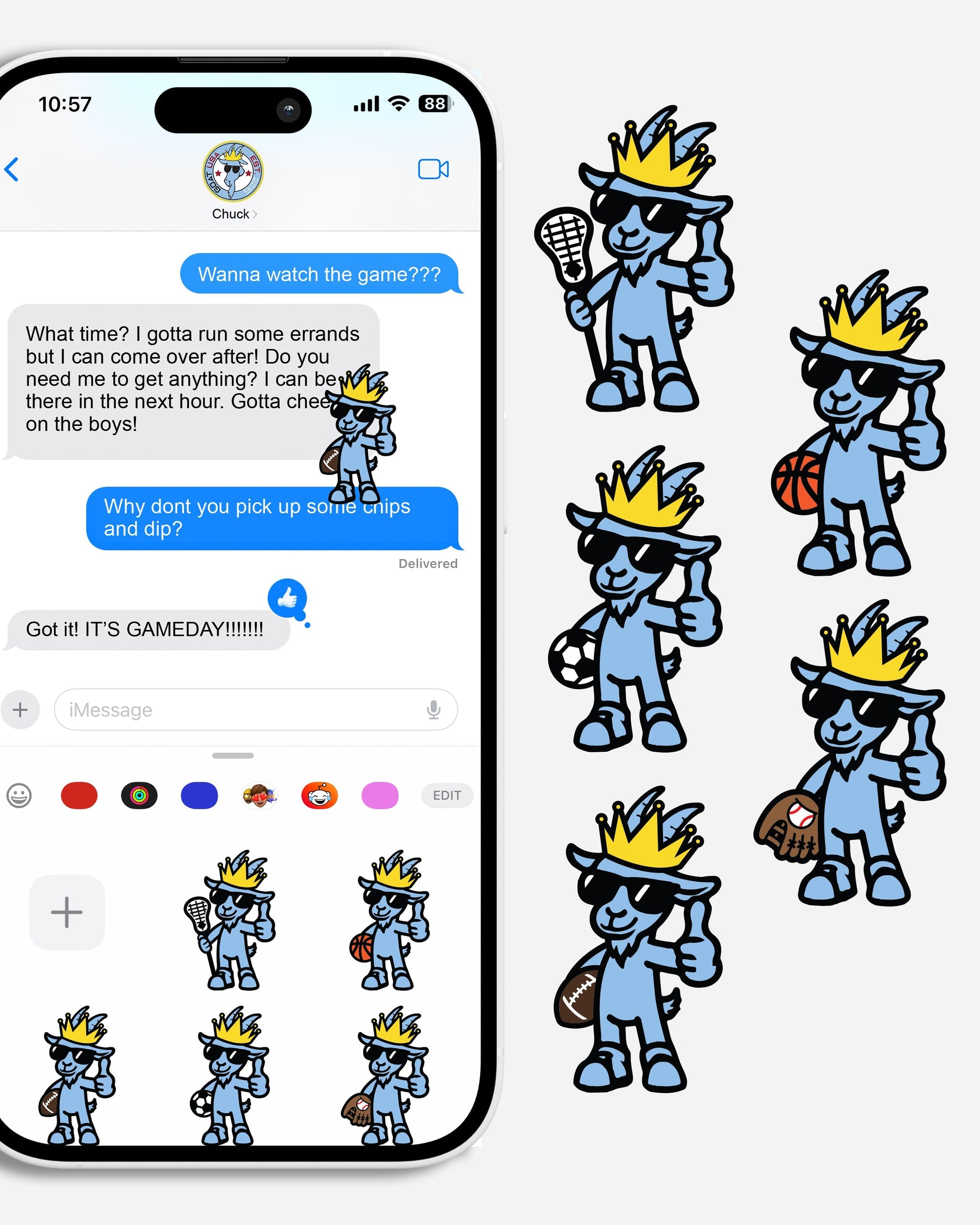 Phone with text conversation and various cartoon goat icons
