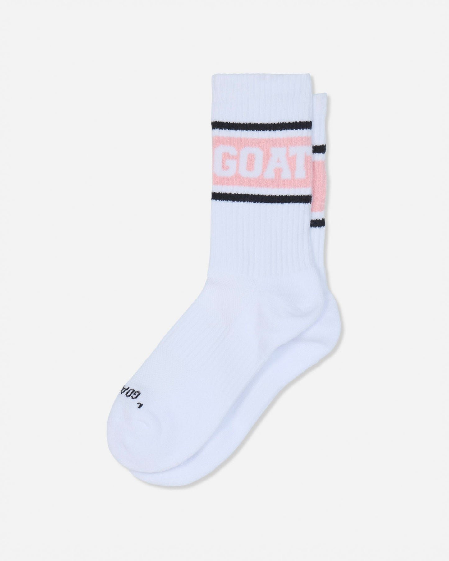 A pair of white crew socks with black stripes and a pink 'GOAT' logo on the cuff, displayed against a light gray background.#color_pink