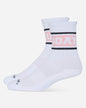 A pair of white crew socks with black stripes and a pink 'GOAT' logo on the side, displayed against a light gray background.#color_pink