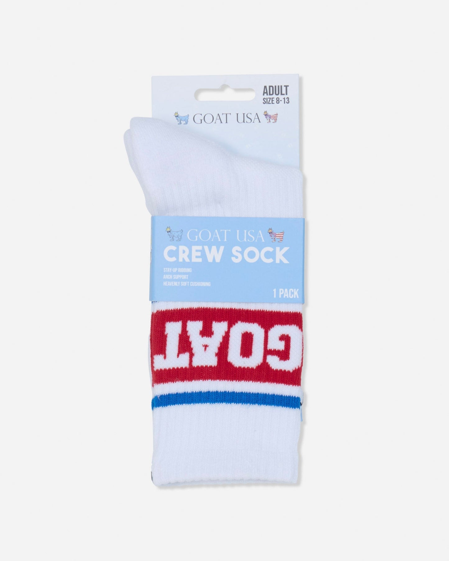 A pair of white crew socks with a red and blue stripe design and the word 'GOAT' in white on the red band, packaged on a light blue and white cardboard header card labeled 'GOAT USA CREW SOCK'.#color_true-red