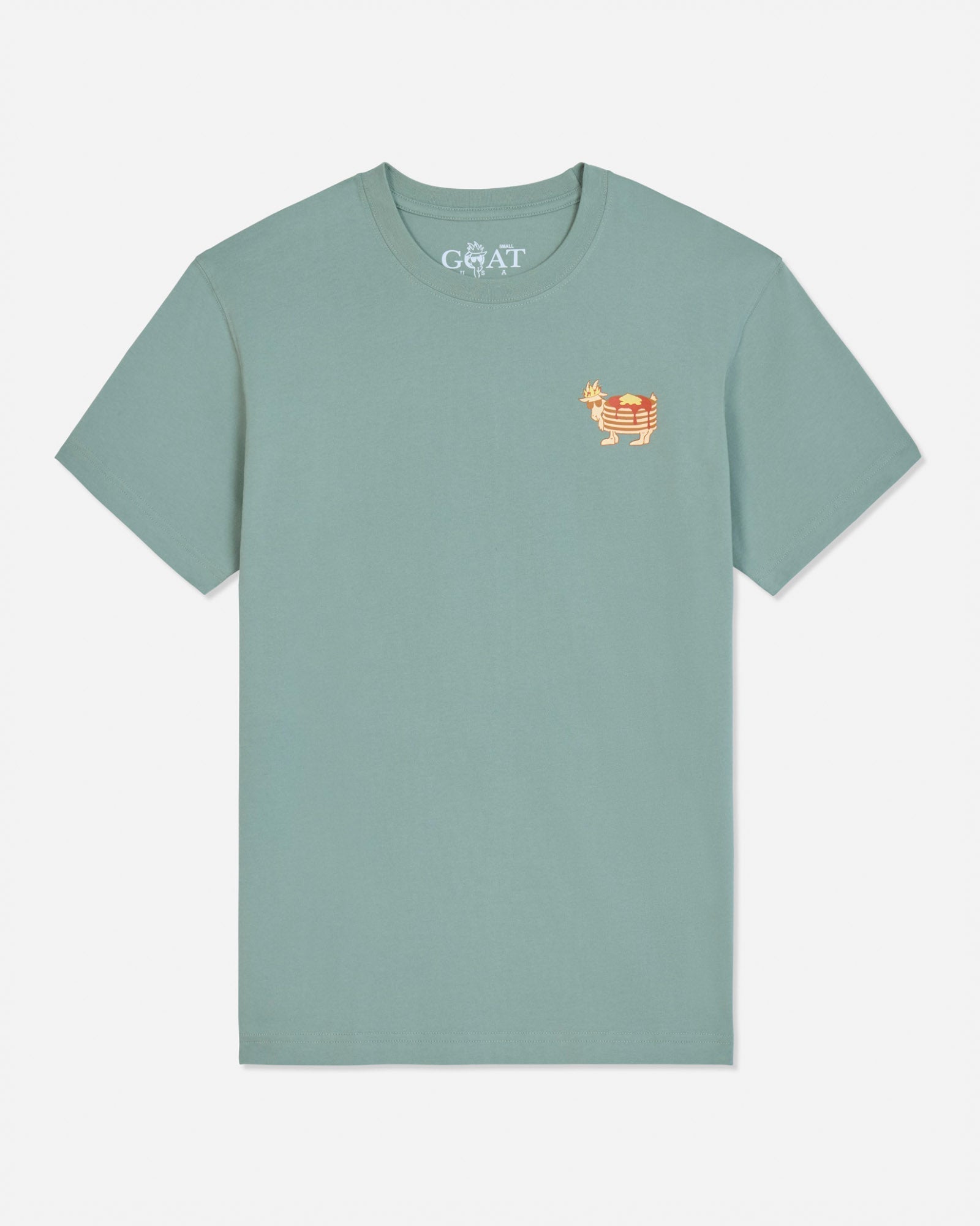A sage green short-sleeve t-shirt featuring a small embroidered goat logo on the left chest in orange and white.