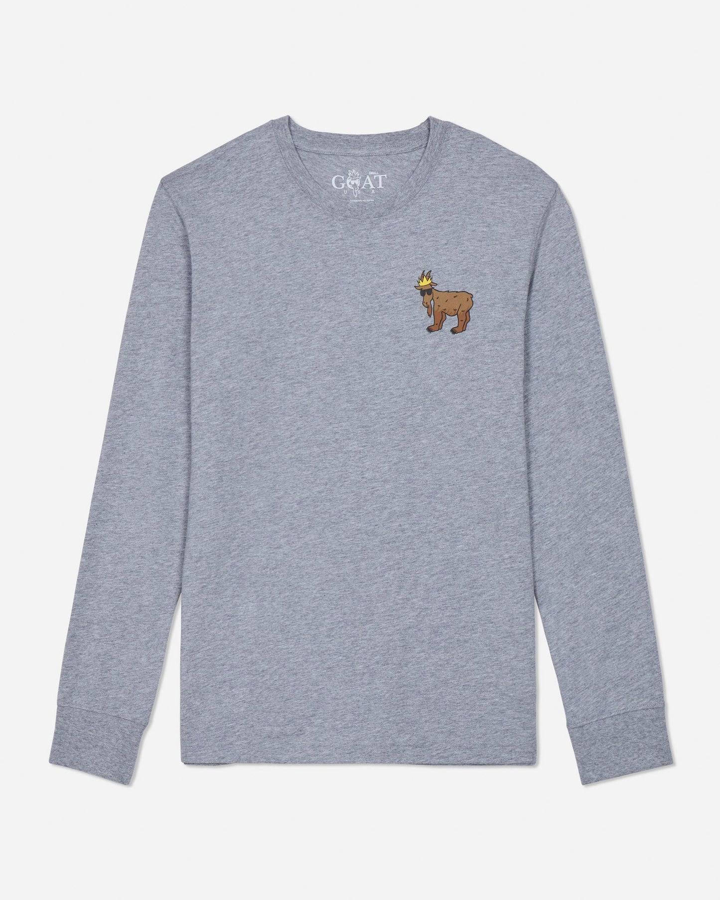 Gray long-sleeve shirt with a small embroidered design on a light gray background