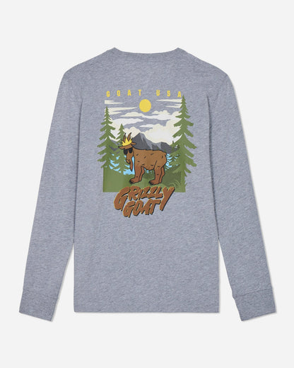Gray long-sleeve shirt with a graphic of a bear and trees on the back, on a light gray background.