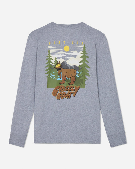 Gray long-sleeve shirt with a graphic of a bear and trees on the back, on a light gray background.