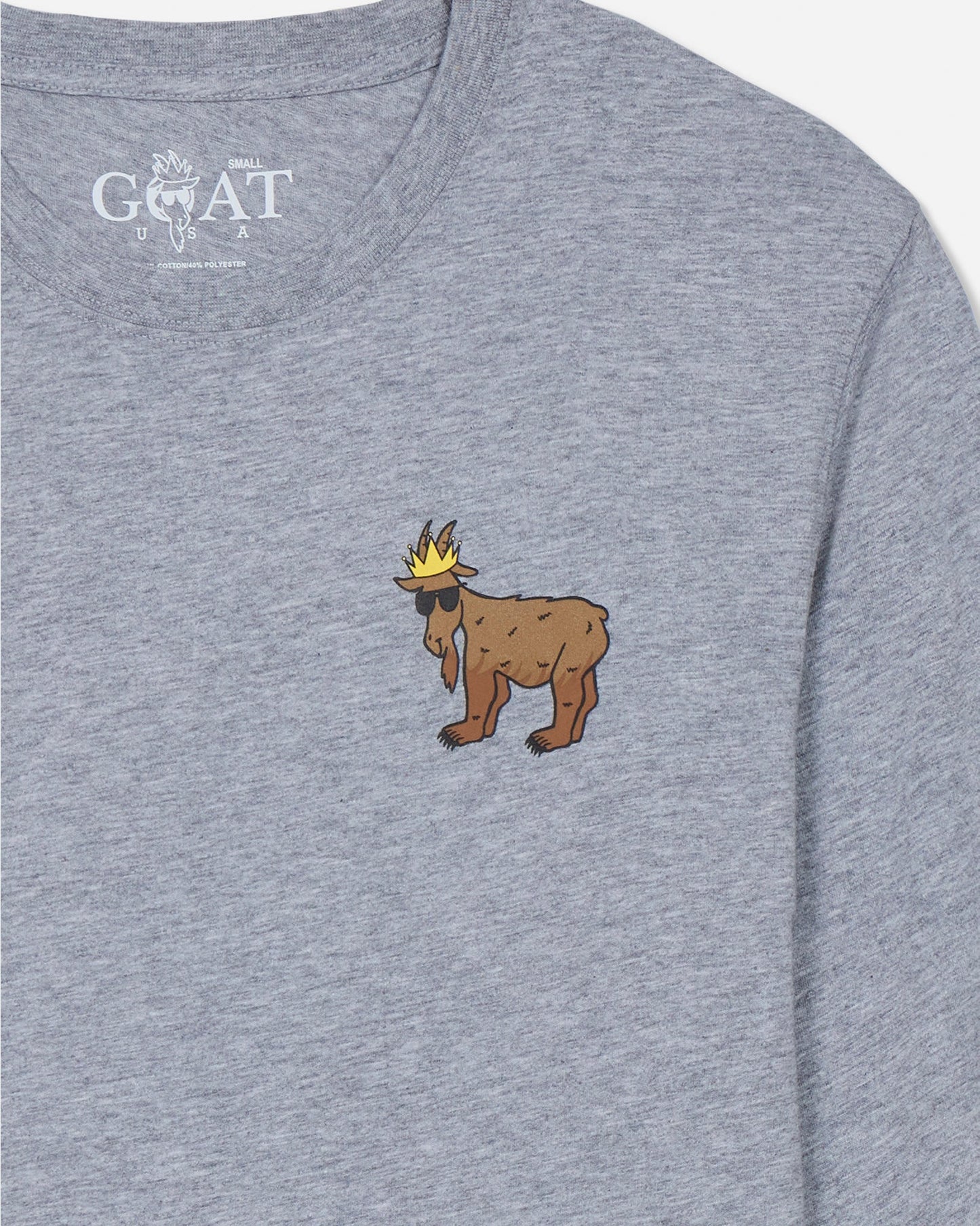 Gray t-shirt with a cartoon bear goat wearing a crown on the chest.