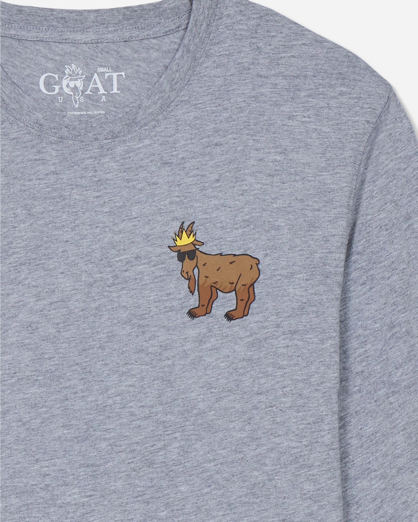 Gray t-shirt with a cartoon bear goat wearing a crown on the chest.