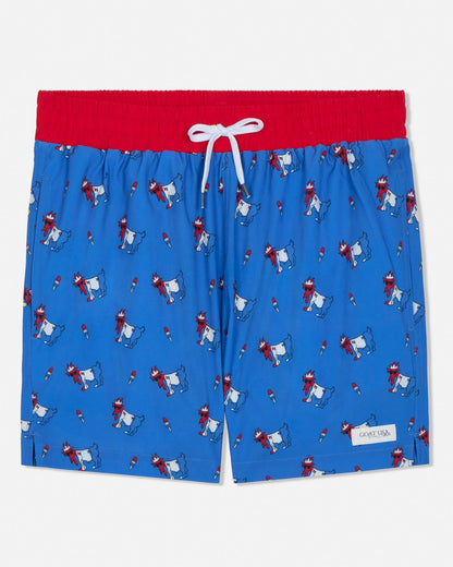 Blue swim shorts with red waistband and cartoon character pattern on a white background