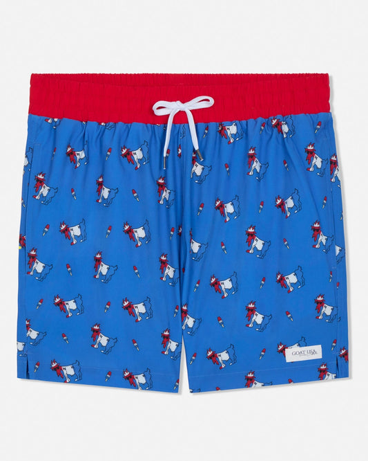 Blue swim shorts with red waistband and cartoon character pattern on a white background