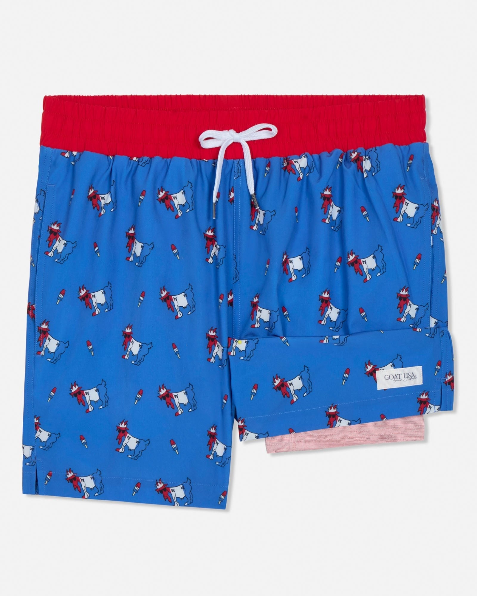 Blue swim shorts with red waistband and white goat pattern on a white background